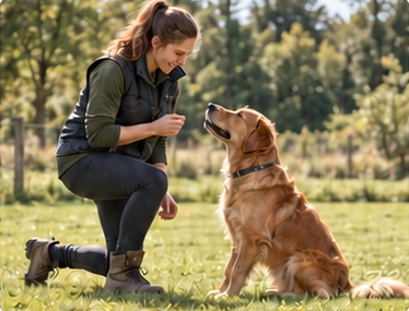 A trainer working one to one with an attentive golden retriever outdoors